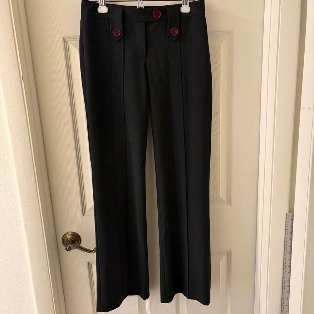 Vintage Bebe Womens Stretch Wide Leg Dress Pants Dark‎ Grey Red Button EUC Sz 2